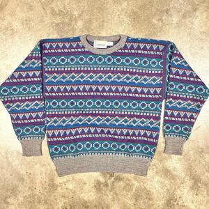 VTG London Fog Mens Pullover Sweater Sz M Acrylic Colorful Geometric Knit USA